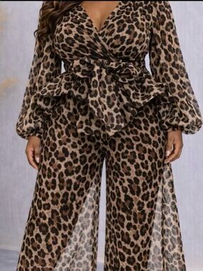 Leopard Print Women's Sheer Blouse and pants Set - Brown/animal print